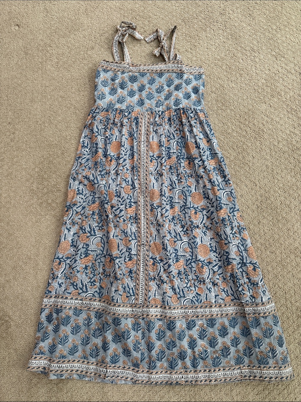 The Fox and the Mermaid Venice Blue Floral Midi Dress Tie Straps Boho S